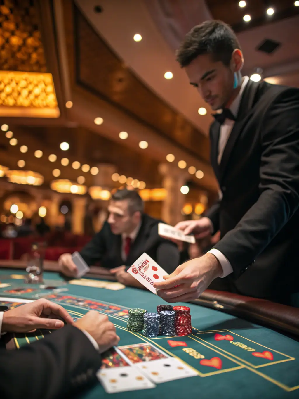 A close-up shot of a dealer's hands expertly dealing cards at a blackjack table in the Golden Dragon Gaming Club, with focus on the cards and the dealer's focused expression.