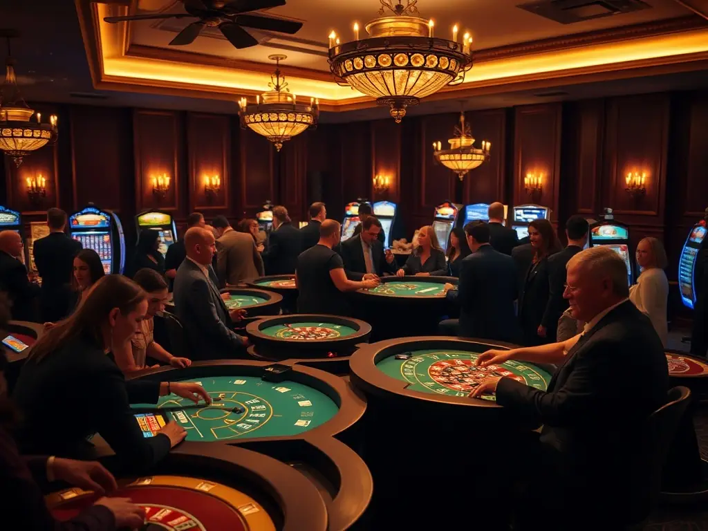 A vibrant image of a members-only event at the Golden Dragon Gaming Club, featuring live entertainment, gourmet dining, and high-stakes gaming, highlighting the exclusive social opportunities.