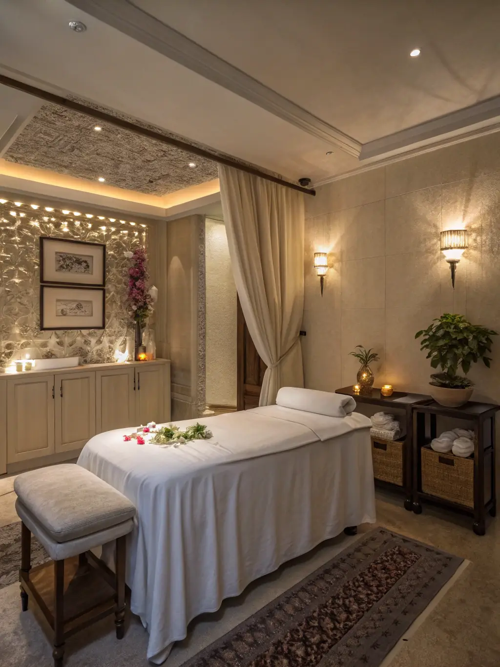 A serene spa setting with soft lighting and calming music, showcasing the club's relaxation and wellness offerings.