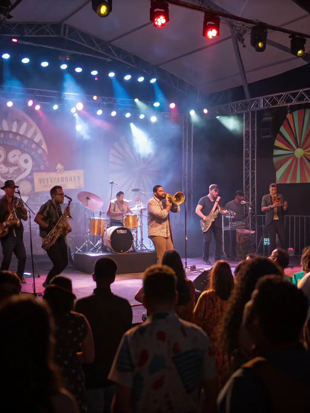 A vibrant stage with a live band performing, capturing the energy and excitement of the club's live entertainment.