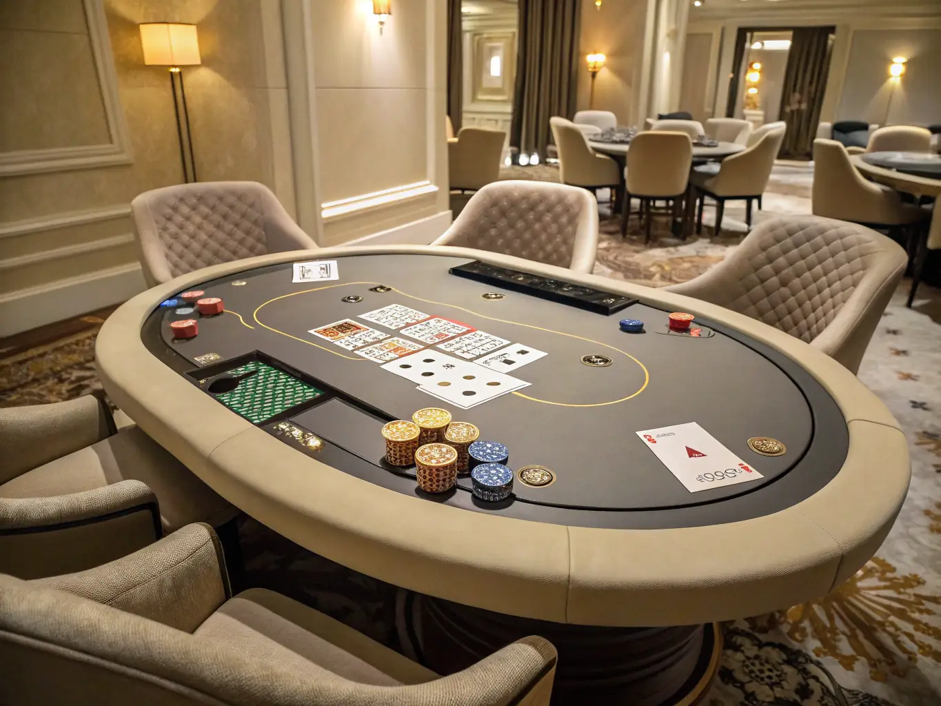 A high-angle, close-up shot of a poker table in a luxurious gaming room, with chips, cards, and blurred figures of players in the background, suggesting high-stakes and intense gameplay.