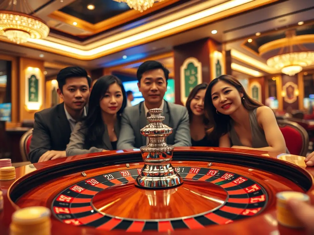 A visually stunning image of a roulette wheel spinning in a glamorous casino environment, with blurred lights and excited onlookers, capturing the thrill of roulette at Golden Dragon Gaming Club.