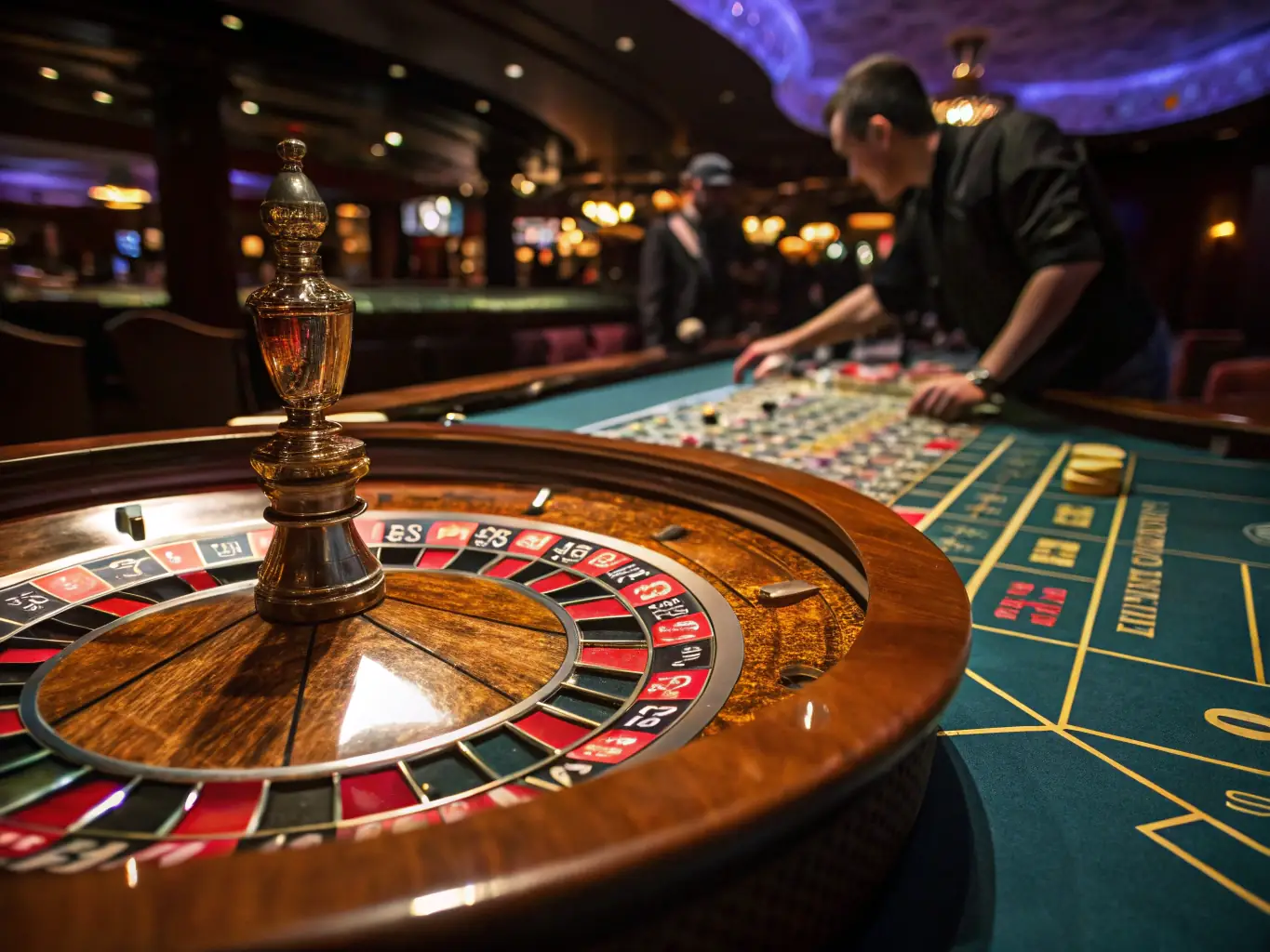 A close-up shot of a roulette wheel spinning in a glamorous casino setting, with blurred hands placing bets and a sense of excitement and anticipation.