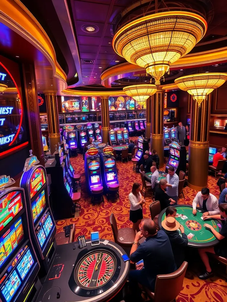 A high-angle, brightly lit photograph of a roulette table in the Golden Dragon Gaming Club at Mövenpick, with chips scattered on the green felt and a blurred view of elegantly dressed patrons in the background.