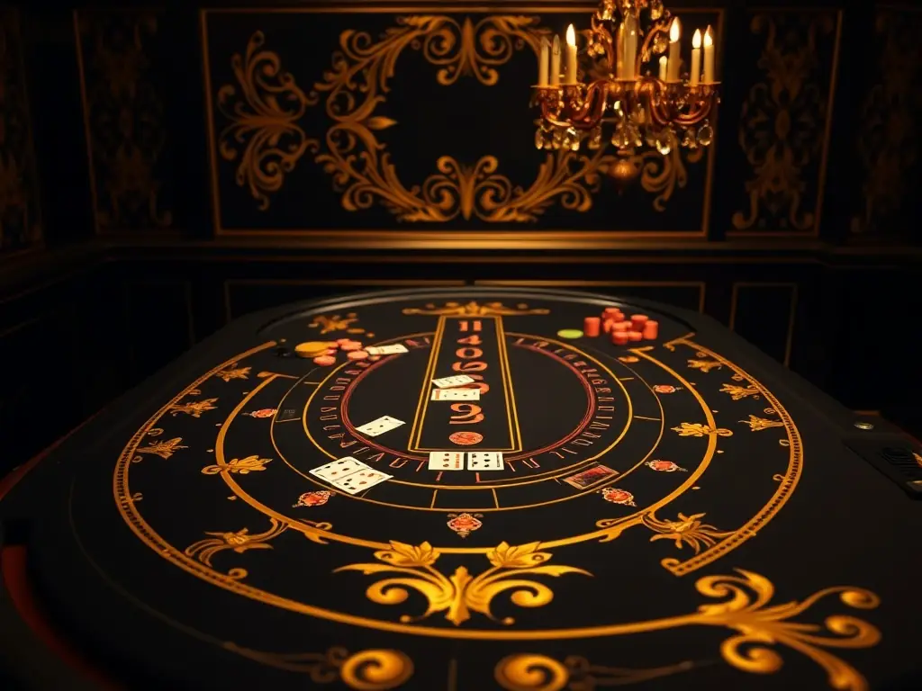 A captivating image of a baccarat table with luxurious green felt, gleaming cards, and stacks of chips, set in a high-end casino atmosphere, emphasizing the elegance and sophistication of baccarat at Golden Dragon Gaming Club.