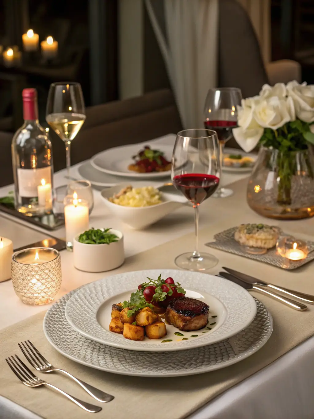An inviting photograph of a beautifully set table with gourmet dishes and fine wines in the dining area of the Golden Dragon Gaming Club at Mövenpick.
