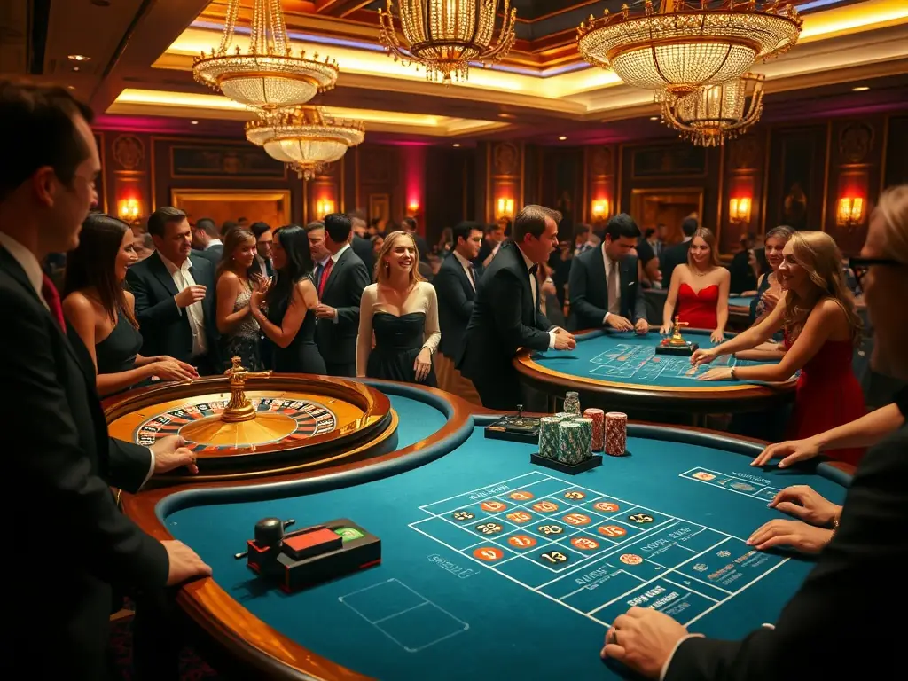 A sophisticated gala event at Golden Dragon Gaming Club, featuring elegantly dressed guests, casino games in the background, and a live jazz band performing on stage, capturing the essence of a high-end social gathering.