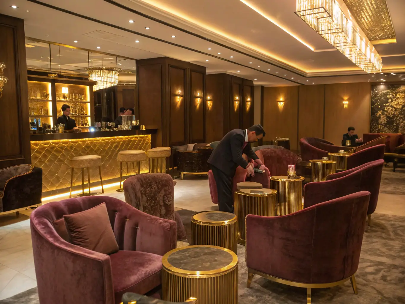 A luxurious private lounge at Golden Dragon Gaming Club, showcasing comfortable seating, a dedicated bar, and personalized service, highlighting the benefits of VIP membership.